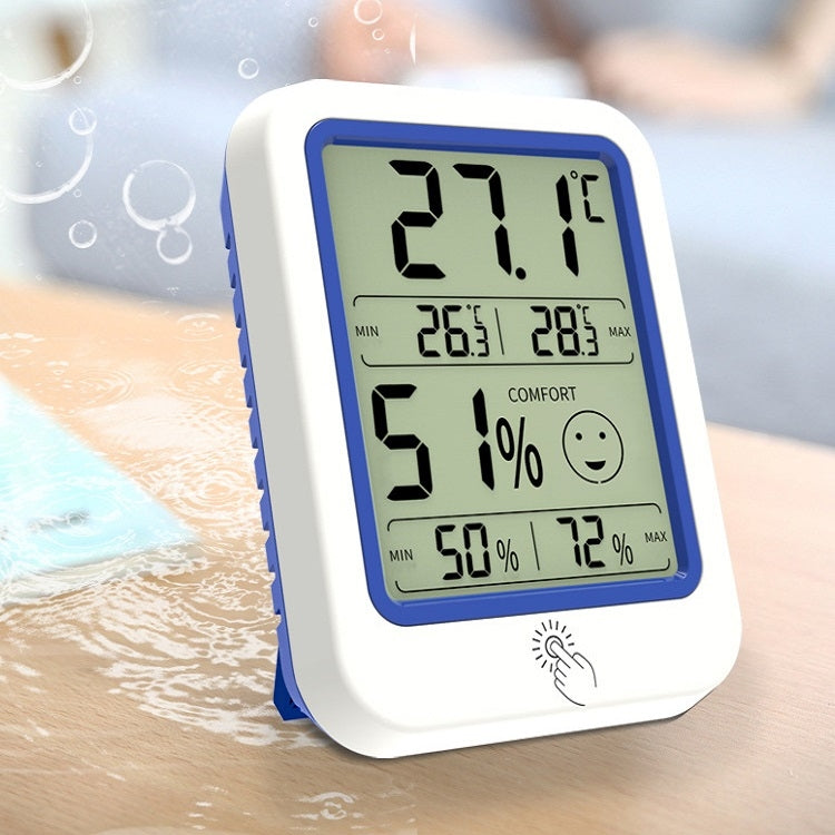 Digital wall thermometer and hygrometer display with green backlit screen and blue side buttons