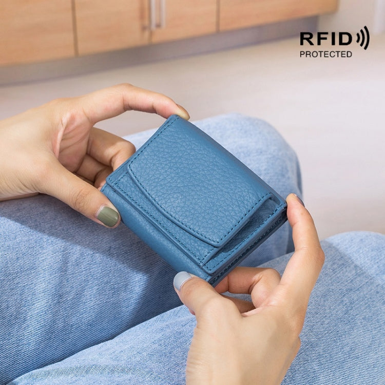 Blue leather RFID short coin purse wallet with snap flap