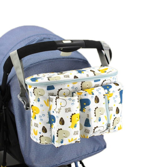 Multifunctional stroller storage bag with white animal print, front pocket organizers.