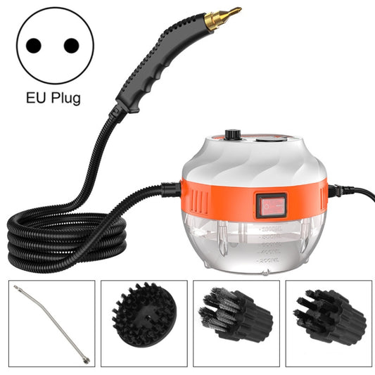 Steam cleaner with EU plug, orange and white body, steam nozzle and hose