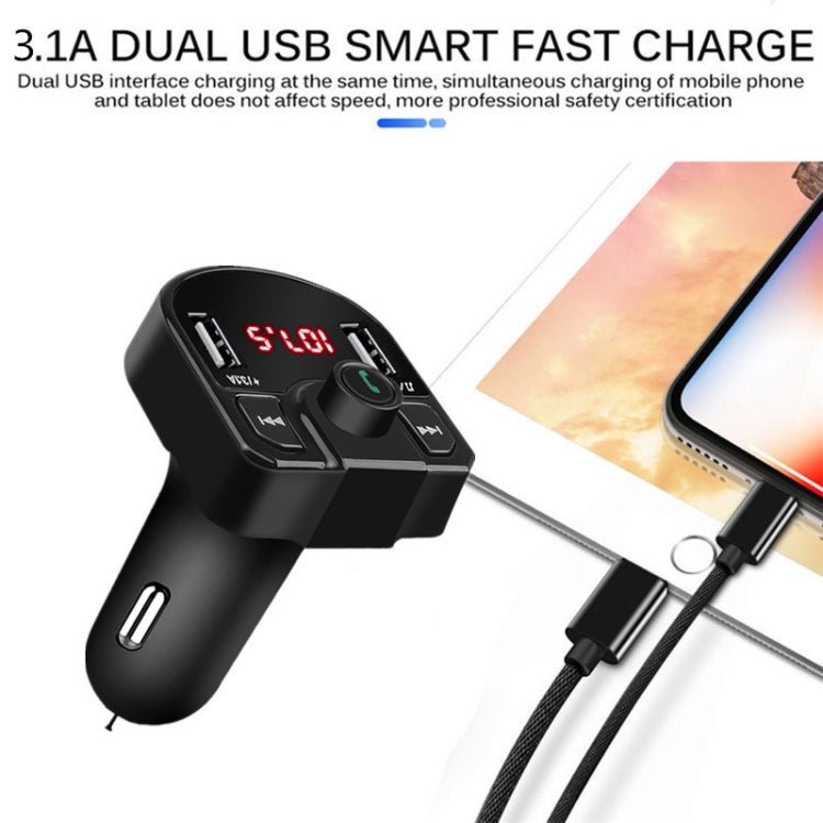 Black car Bluetooth FM charger with dual USB ports, 3.1A output, and red LED display