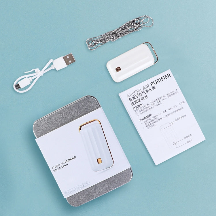 Hanging neck air purifier kit with USB cable, chain, and instruction papers