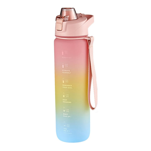 Cherry pink and sky blue gradient sports water bottle with flip spout and wrist strap