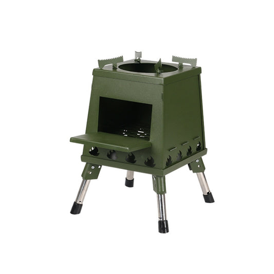 Green folding camping wood stove with front fire door and foldable legs