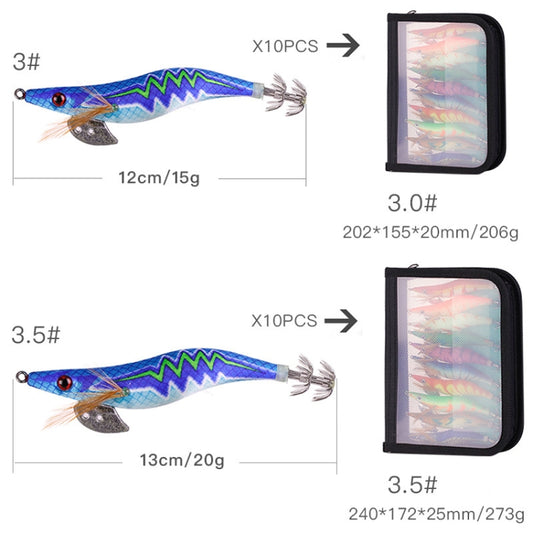 Two sizes of shrimp-shaped night light lures with green zigzag and silver lure head