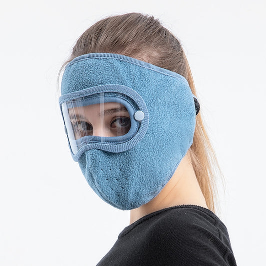 Blue windproof riding goggles face mask with clear anti-fog lens and ear strap.