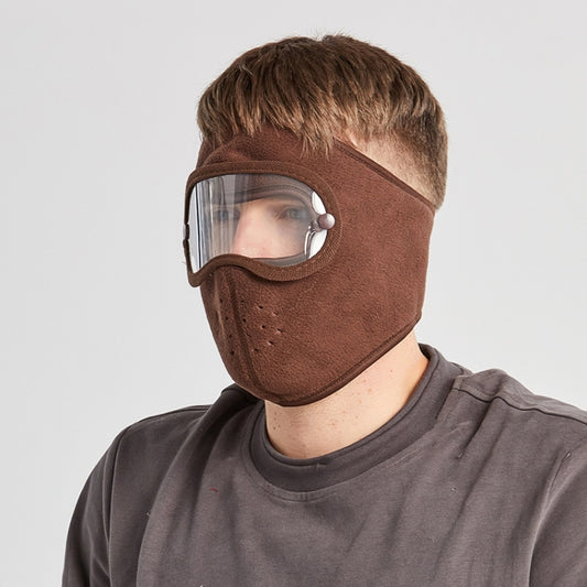 Brown windproof riding goggles face mask with clear anti-fog lens and forehead strap.
