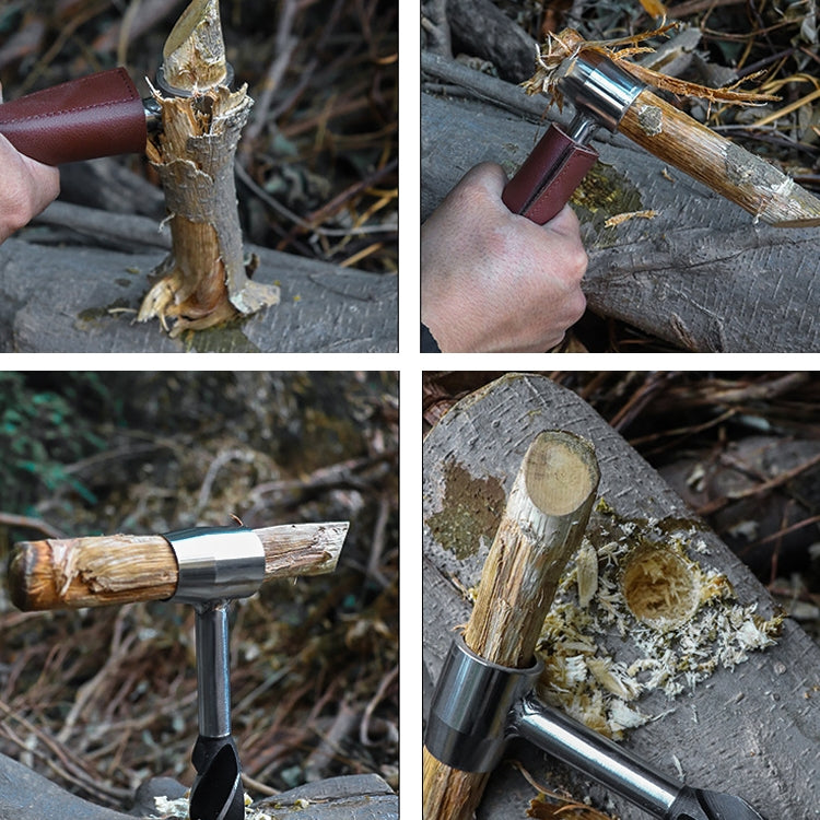 Punch drill bit tool with brown leather sheath punching wood logs, multiple views