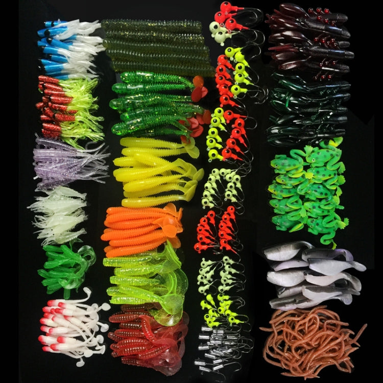 Assorted soft fishing lures with hooks, multi-color rows close-up