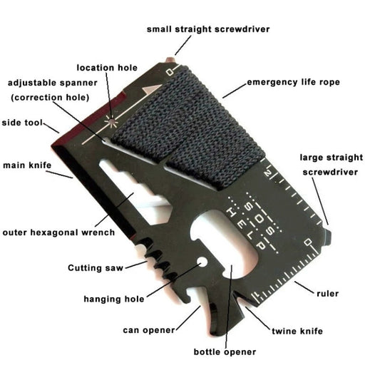 Multi-tool survival card showing multiple blade tools and built-in ruler