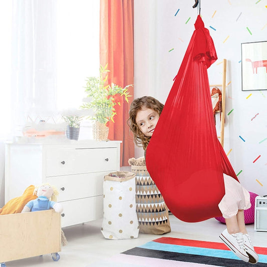 Kids elastic hammock swing, red fabric bag with child seated and feet resting