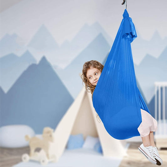 Kids elastic hammock swing, blue fabric bag with child seated