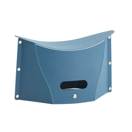 Blue folding plastic stool with side panels and oval carry opening