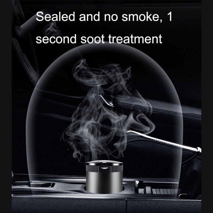 Metal car ashtray with LED ambient light, lid closed on car seat console.
