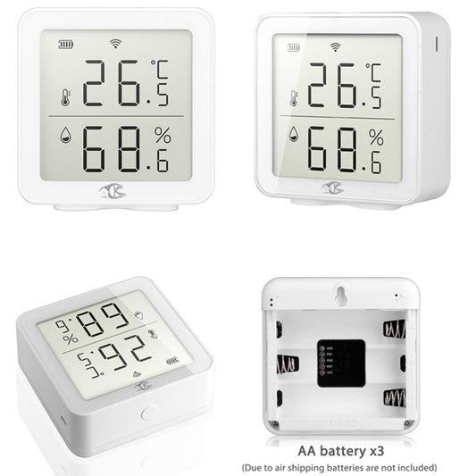 Wireless temperature and humidity sensor set with front LCD screens and rear battery area