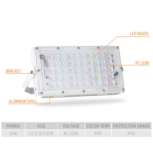 RGB LED outdoor flood light showing aluminum shell, bracket, and LED array lens