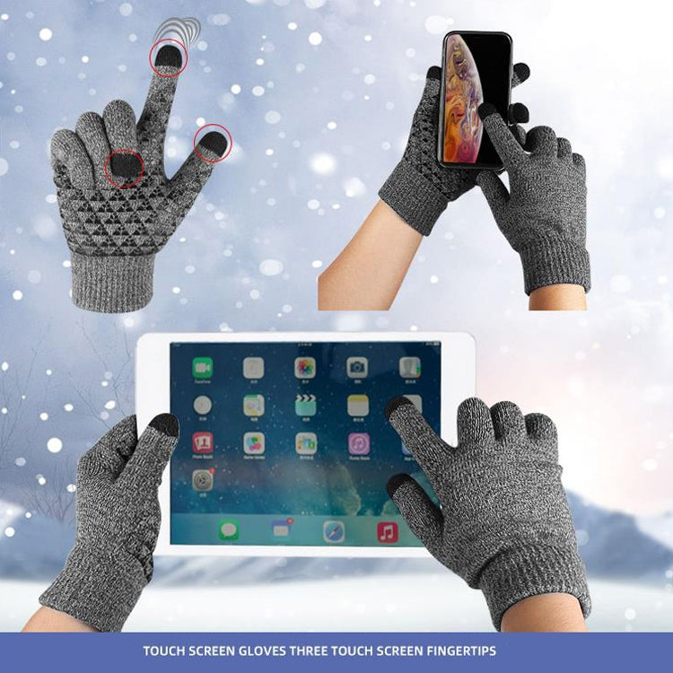 Grey knitted touch screen gloves with textured palms and three touch finger areas