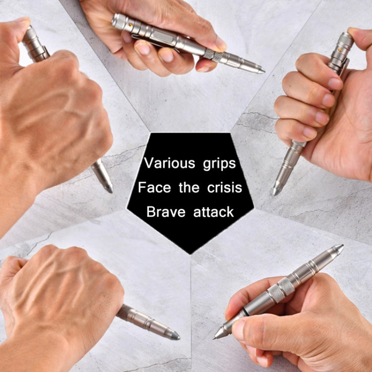 LED self-defense pens with textured grips shown in use by multiple hands