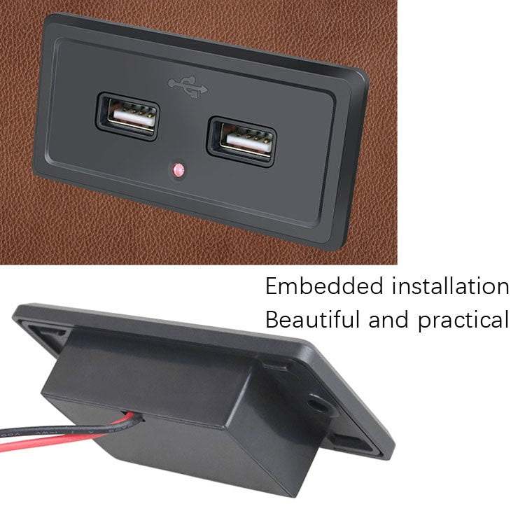 Dual USB car charger panel in embedded installation view with red wiring