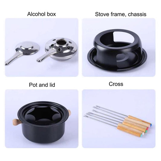 Ice cream fondue set parts: pot, lid, burner frame and wooden skewers