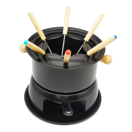 Black fondue heating pot with 6 wooden skewers and small burner