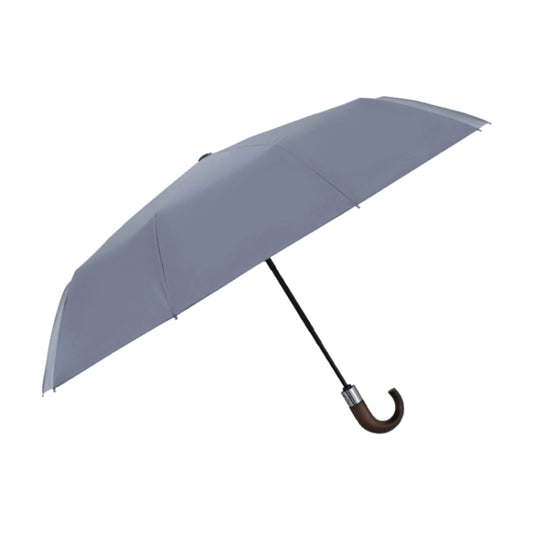 Grey automatic umbrella with curved dark-brown hook handle and ribbed canopy