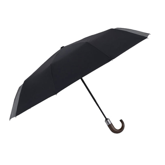 Black automatic umbrella with curved dark-brown hook handle and compact canopy
