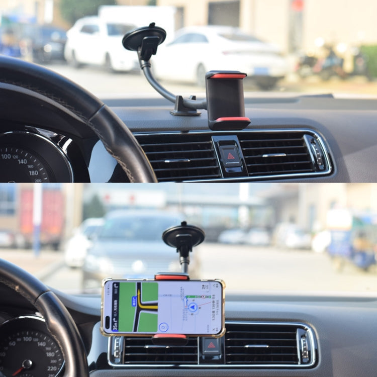 Black suction cup phone holder with flexible hose and clamp for car dashboard