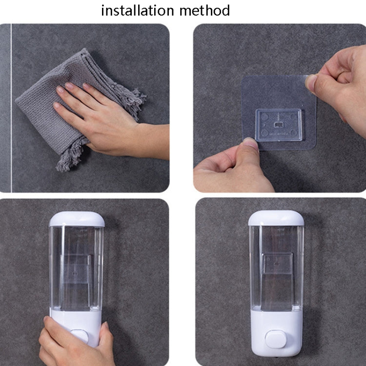 Wall-mounted manual soap dispenser with mounting plate, showing hands installing on wall