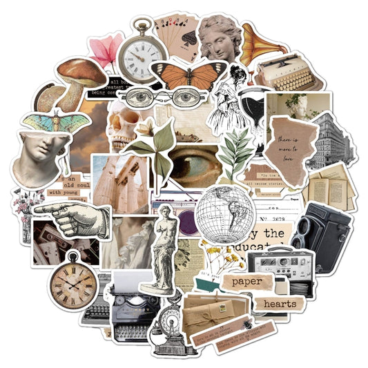 Vintage literary sticker collage with clocks, books, camera, gramophone, butterflies