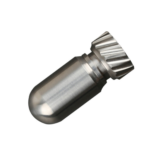 Titanium mini pill jar with ribbed screw cap, brushed silver color.