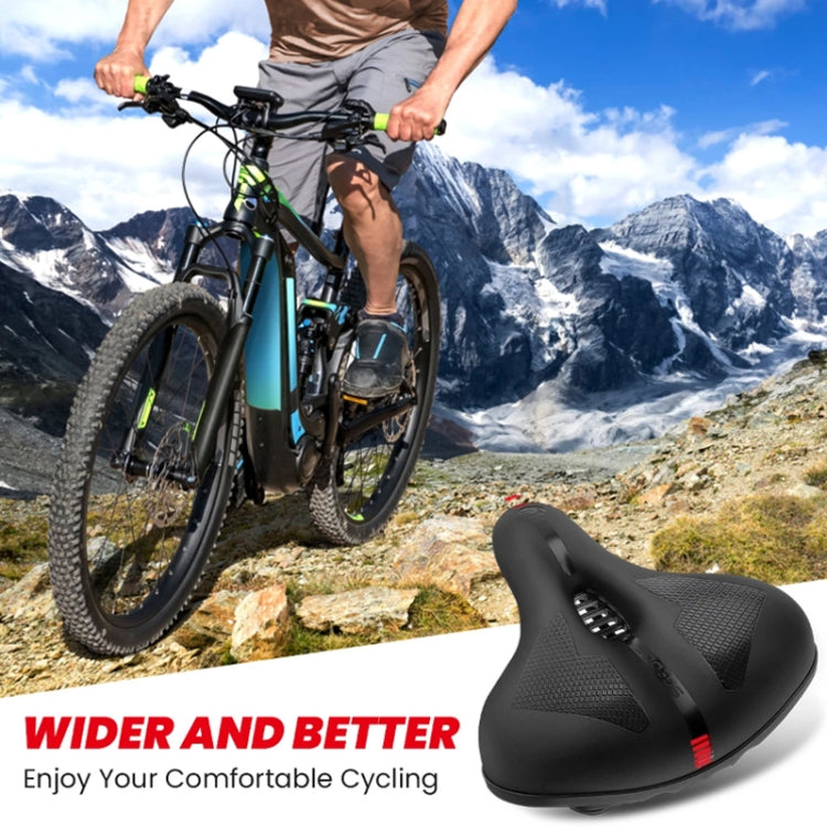 Black wide bike saddle with textured top and red accent stripe for comfortable riding.