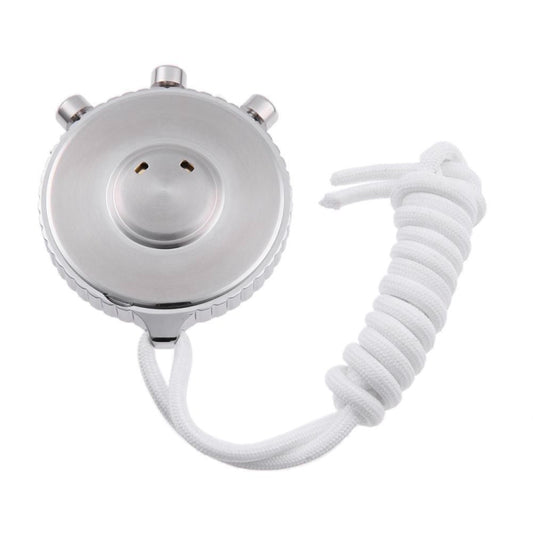 Back of round metal electronic stopwatch with mounting holes and white braided strap