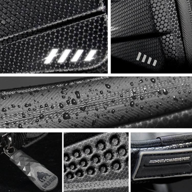 Textured black bicycle front bag fabric with LED stripe accents and zipper pull