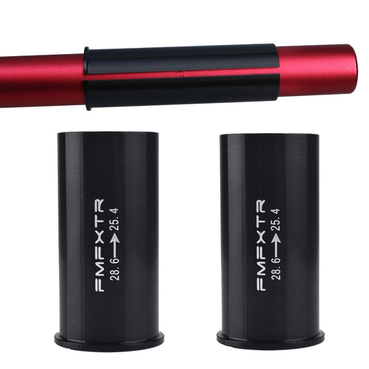 Bicycle seat tube reducer sleeve pair, black cylinders with size conversion markings