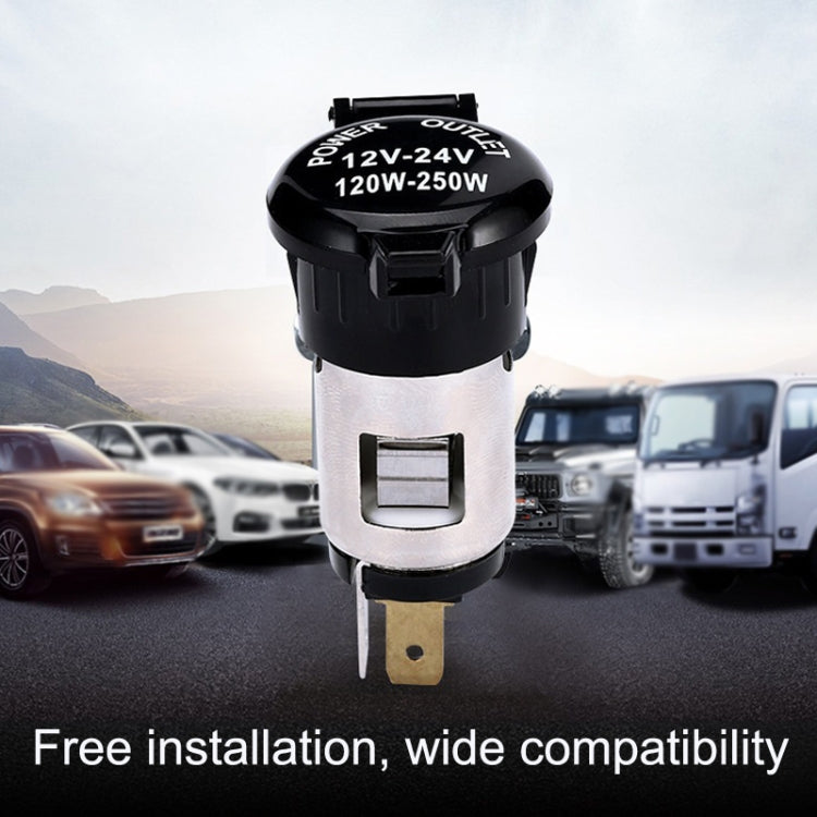 Car cigarette-lighter power socket adapter with black cap and silver housing for vehicle installation.