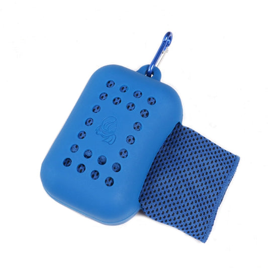 Blue cooling sports towel with carabiner clip, bead pattern and perforated mesh side sleeve