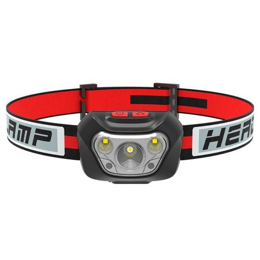 Black and red adjustable headlamp with front lens and three LED bulbs