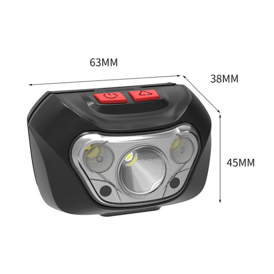 Black headlamp housing with three circular LED lenses and top red control buttons