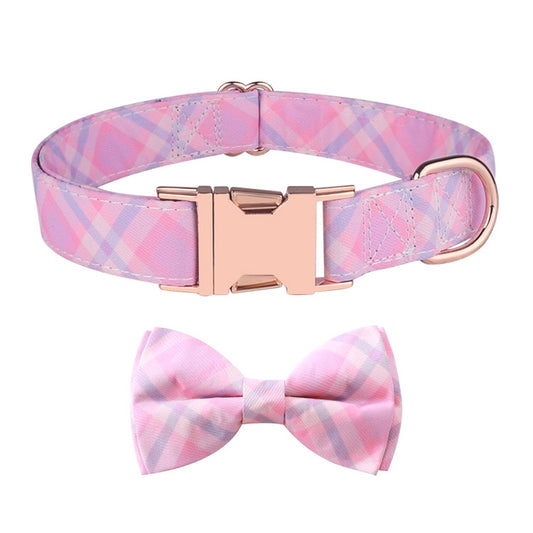 Dog bow collar with rose-gold buckle, pink plaid band and matching bow