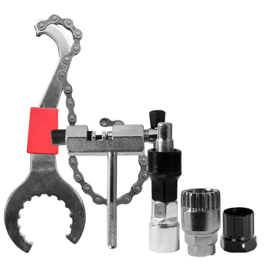 Bicycle cassette tool set with chain whip, red grip, and removable metal components