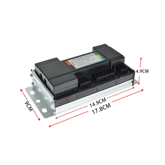 Black electric motor speed controller with mounting plate and dimension markings