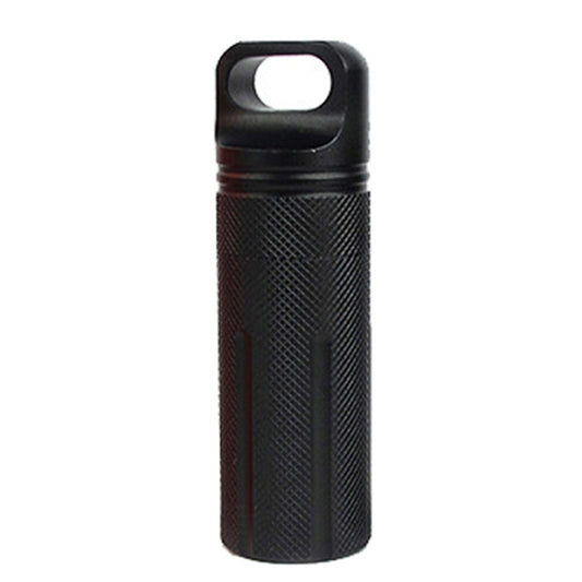 Black waterproof aluminum EDC survival canister with carry loop and textured grip