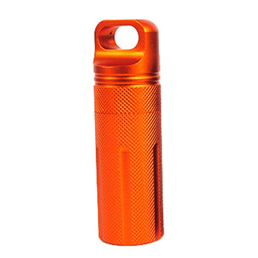 Orange waterproof aluminum EDC survival canister with carry loop and textured grip