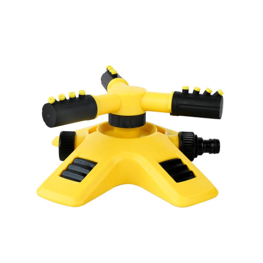 Yellow and black rotating sprinkler with 4-nozzle bar and adjustable base