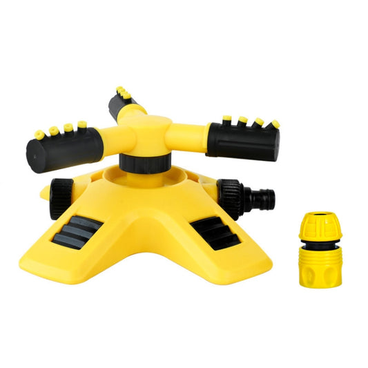 Yellow and black rotating sprinkler with small yellow pacifier-style connector
