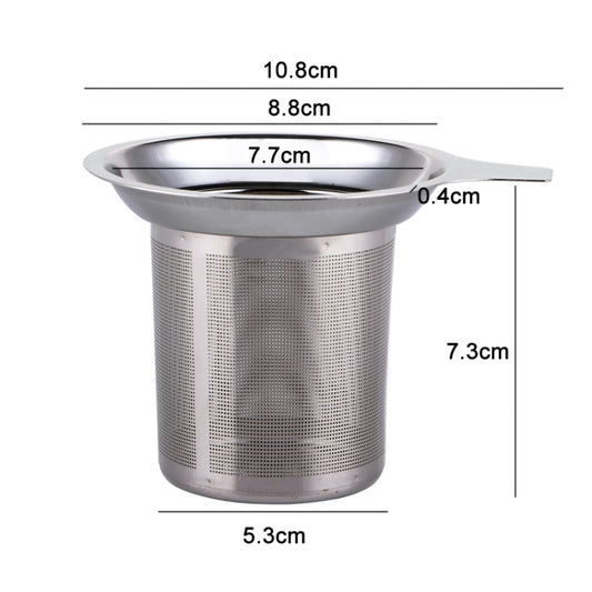 Stainless steel tea strainer with handle; flat basket with mesh, size marked