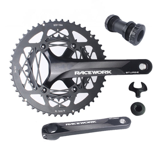 Racework road bike crankset with dual chainrings, black crank arms, and axle part