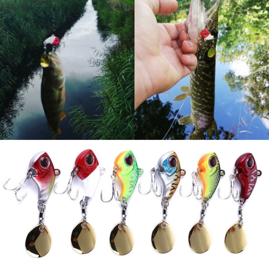 Set of colorful fishing lures with gold oval spinner blades and treble hooks