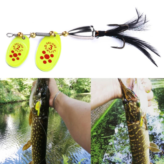 Yellow feather spinner fishing lure with two oval blades and black feather tails, gold hardware
